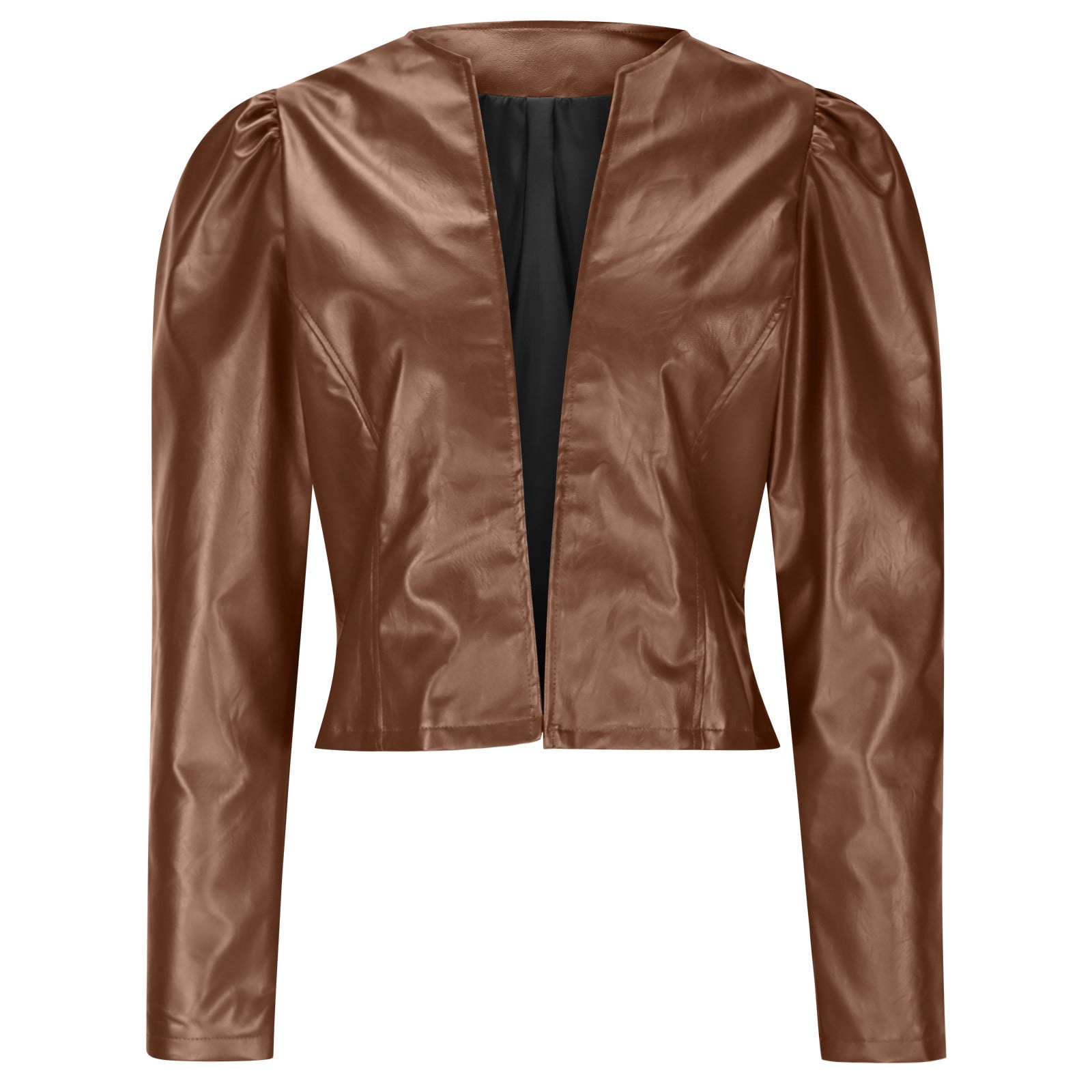 Hvyesh Women's Puff Sleeve Cropped Jacket Faux Leather Bolero Blazer Long Sleeve Open Front PU Cardigan Trendy Streetwear Moto Biker Jackets Brown