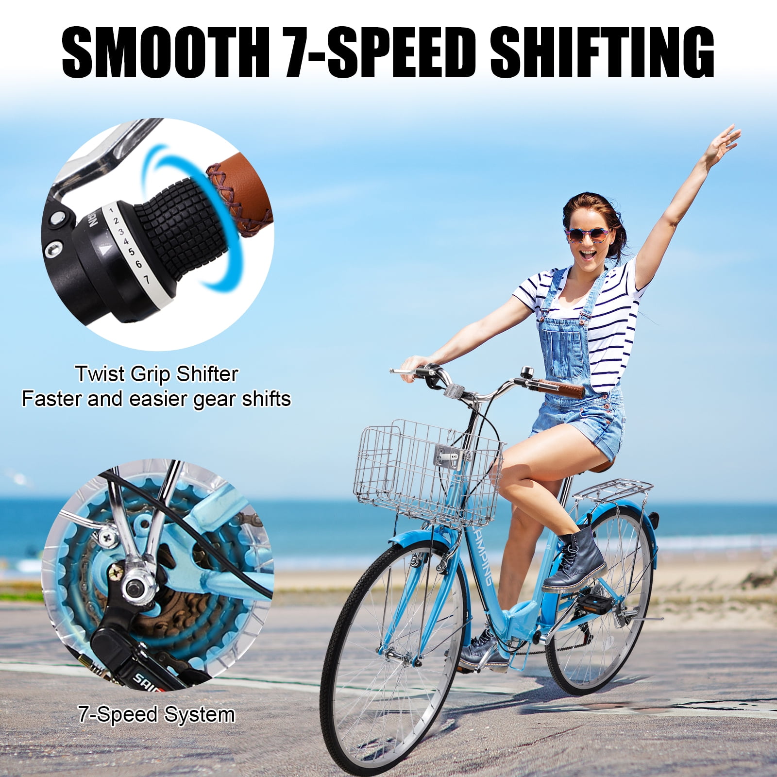 Ktaxon 26in Folding Beach Cruiser Bike for Women, 7-Speed City Commuter Bike with Lock, Basket & Rack, Blue