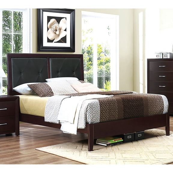 Tcbosik Modern Queen Size Platform Bed with Faux Leather Upholstered Button-Tufted Headboard, Box Spring Needed, Espresso