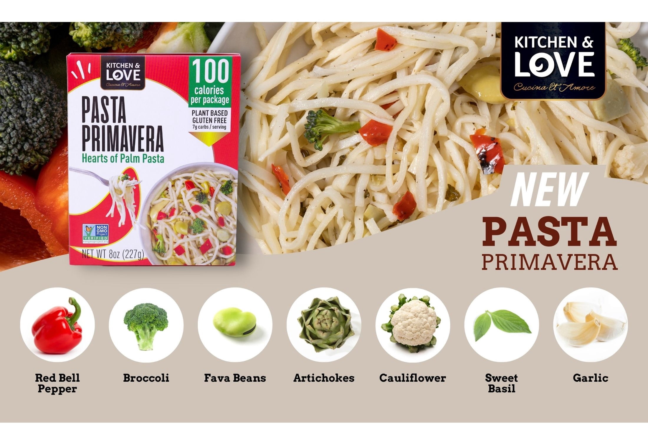 (3 pack) Kitchen & Love - Hearts of Palm Pasta Primavera , 8oz Plant Based, Non GMO, Gluten Free Pasta Alternative, Vegan, Easy to Prepare, Quick