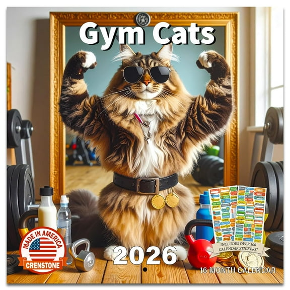 Gym Cats Calendar 2026 - Deluxe 2026 Cats in the Gym Wall Calendar Bundle with Over 100 Calendar Reminder Stickers (Cat Themed Gag Gifts, Office Supplies) | Made in The USA