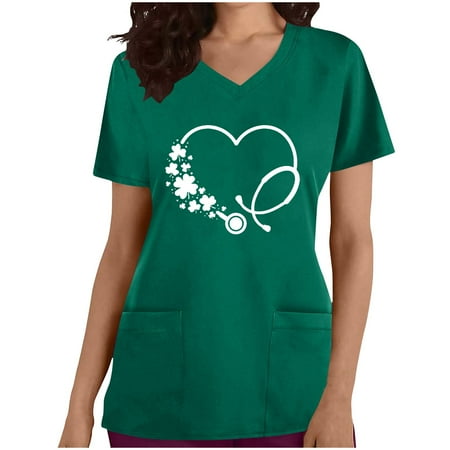 

Ernkv Women s Summer Fashion Scrubs with Pocket Clearance Heart Print Tops Short Sleeve Tees V Neck Shirts Nursing Working Uniform Retro Relaxed Clothing Green M