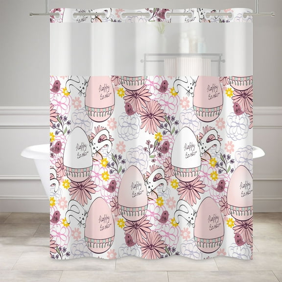 MIZHONA Easter Shower Curtain with Snap in Liner,Pink Eggs Fabric Bathroom Curtain,71"× 74"