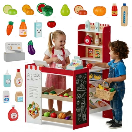 Pirecart Kids Wooden Pretend Play Grocery Store Playset, Supermarket Toy Set with Chalkboard, Cash Register, Display Shelves, Toddler Market Checkout Stand with Play Food Accessories, Red