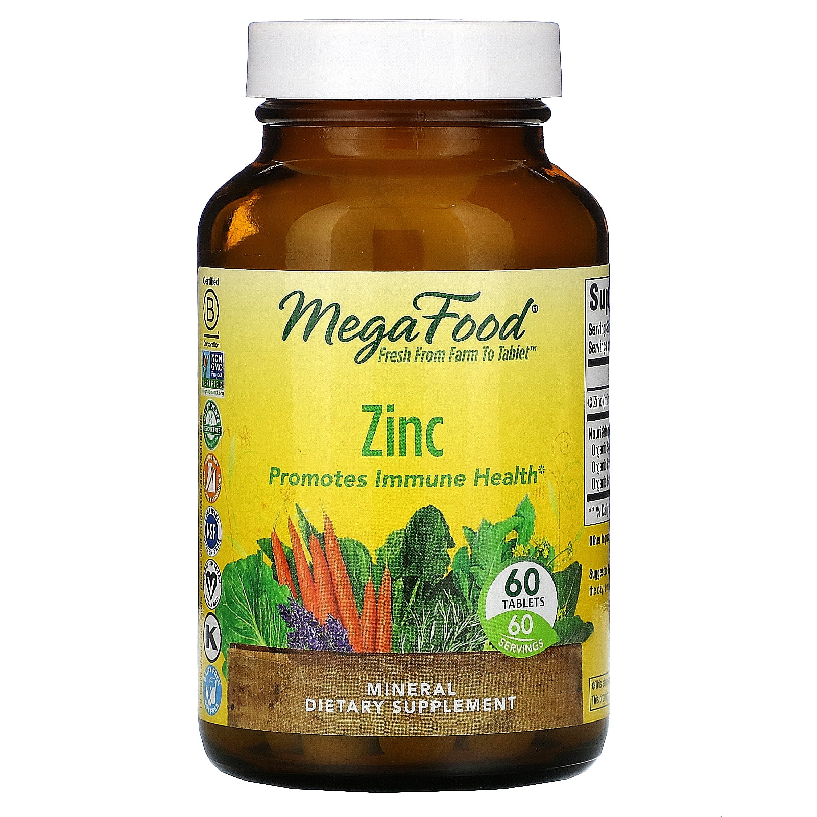 MegaFood, Zinc, Immune Health Support, Mineral and Dietary Supplement Vegan, 60 tablets (60 servings)