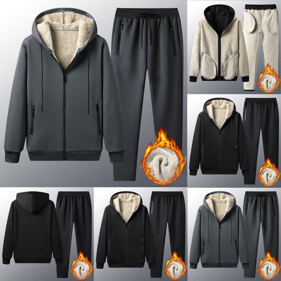Hinvhai Sherpa Lined Sweatsuit Men Winter 2 Piece Set Thicken Warm Casual thermal Fleece Full Zip Hoodie Coat and Pant Outfits Gray 8(XL)