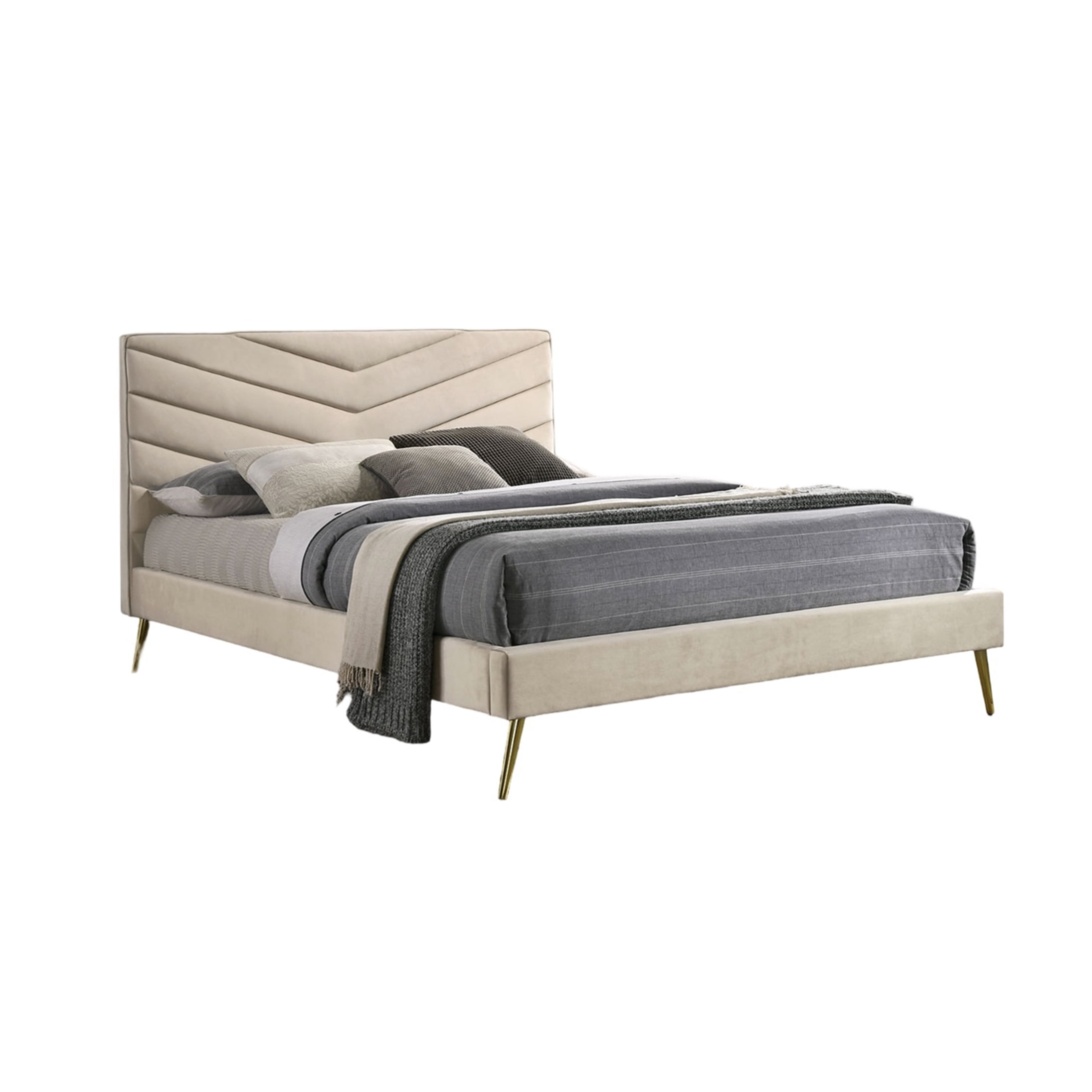 Mid-Century Modern Queen Bed Frame with Tufted Chevron Headboard, Upholstered in Beige with Gold Metal Legs