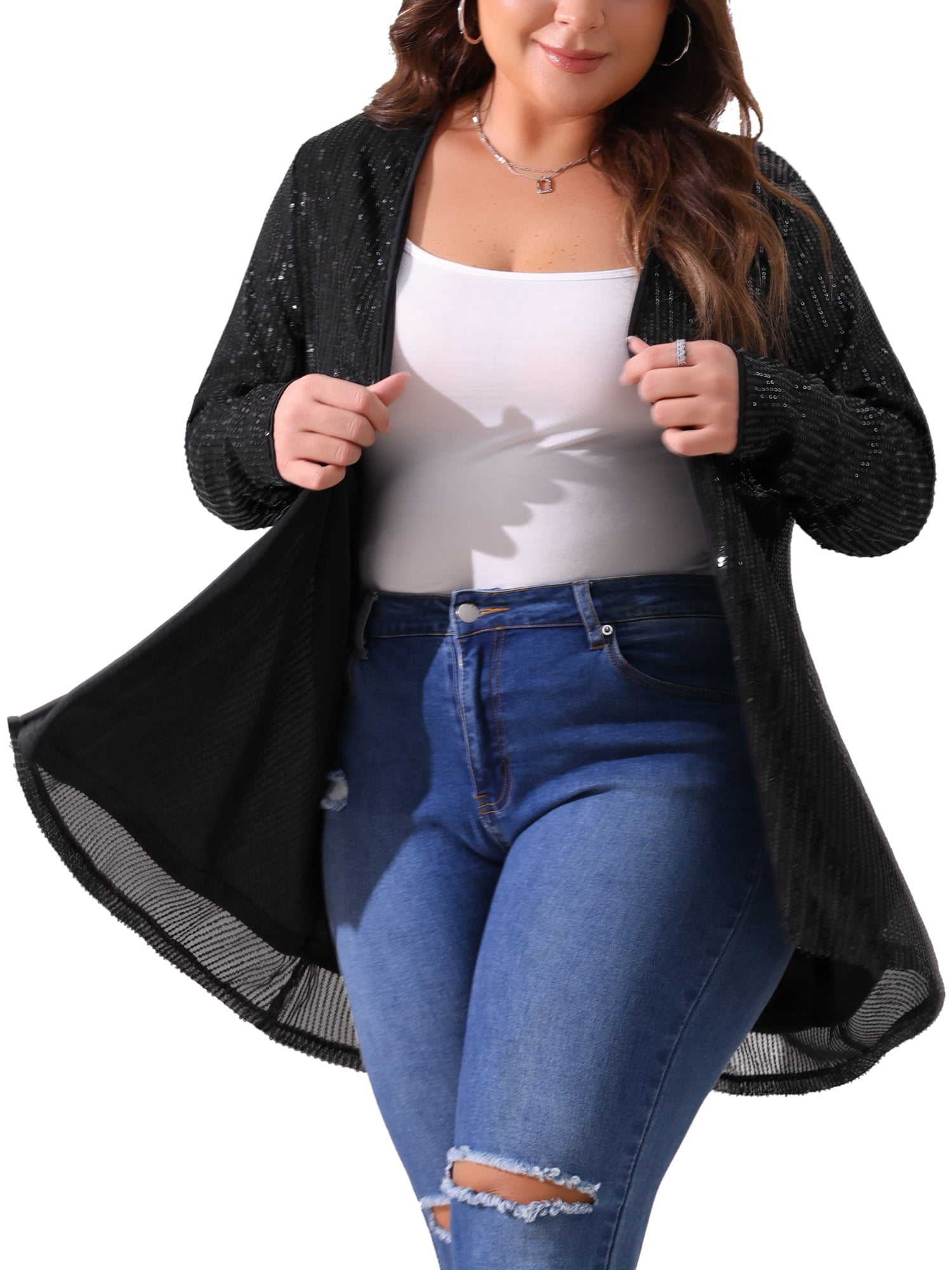 DARING DIVA Women's Plus Sequin Long Sleeve Open Front Outerwear Coat 1X Black