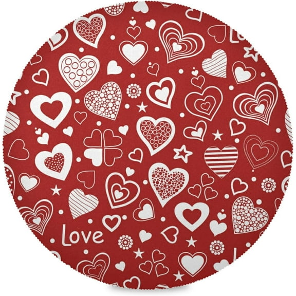 48"X 48" Various White Hearts On Red Elastic Fitted Edged Round Tablecloth Fade Resistant Anti-Shrink Table Cloth Washable Table Cover for Banquet Home Indoor or Outdoor