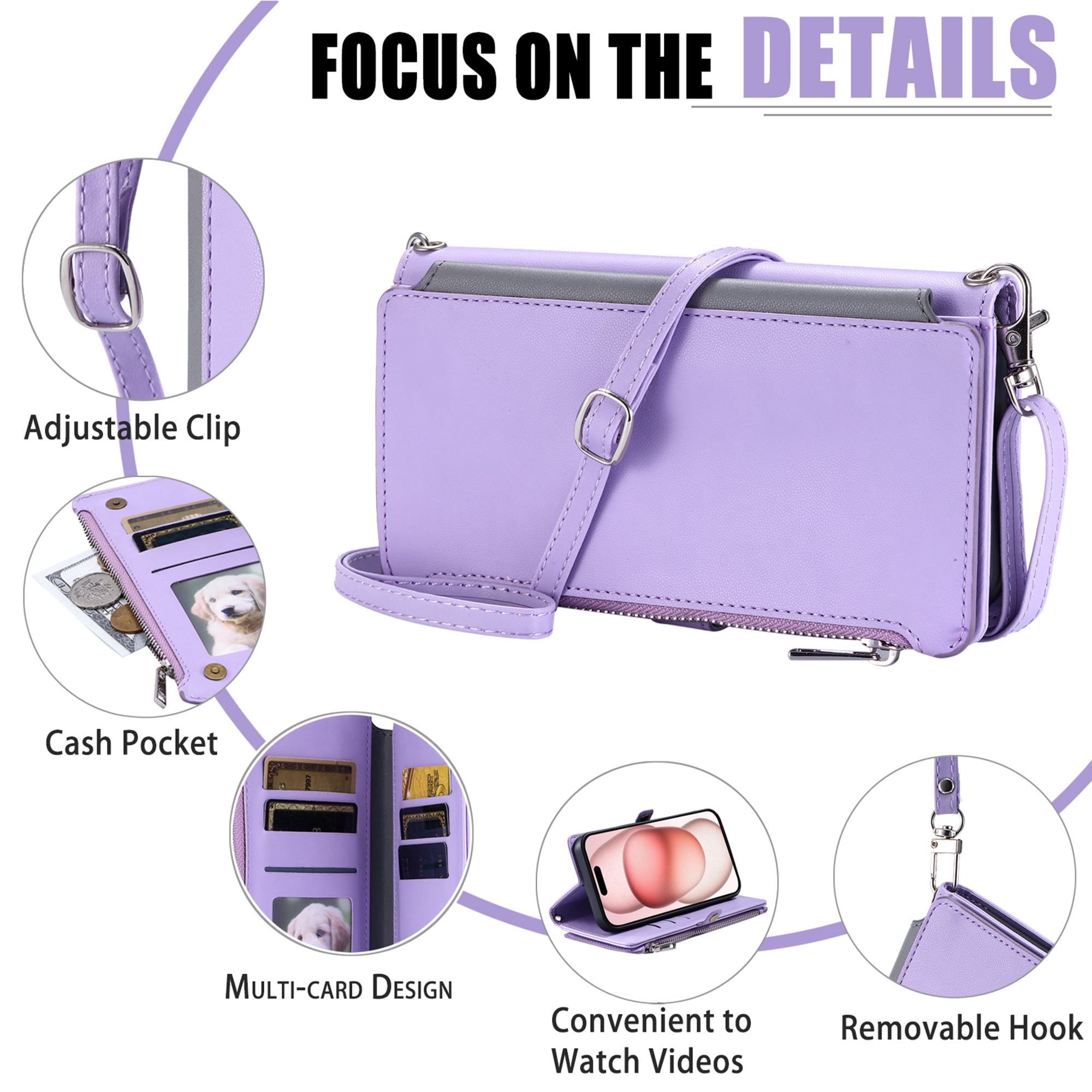 Dteck for Samsung Galaxy A25 5G Wallet Case, Crossbody Zipper Purse with Wrist for Women Men, 8-Card Slots Holder PU Leather Kickstand Flip Cover Phone Case,Purple