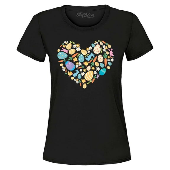 Shop4Ever Women's Easter Heart Bunny Carrot Daisy Spring Cluster Graphic T-Shirt Large Black