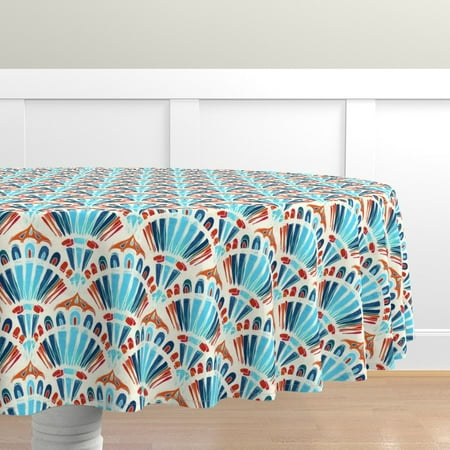

Cotton Sateen Tablecloth 70 Round - Bright Scallops Carnival Turquoise Coral Red Blue Print Custom Table Linens by Spoonflower