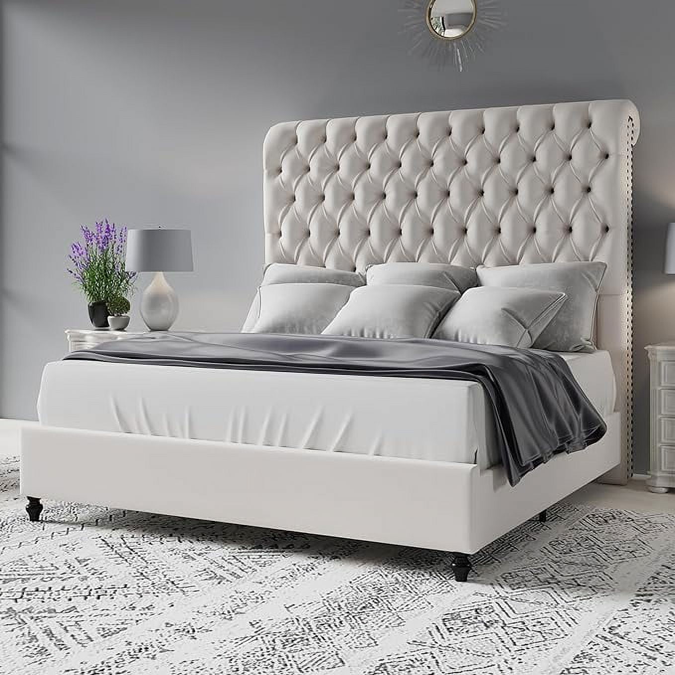 Merluxy King Bed Frame with 59.1" Sleigh Headboard,Velvet Upholstered,No Box Spring Needed,Cream