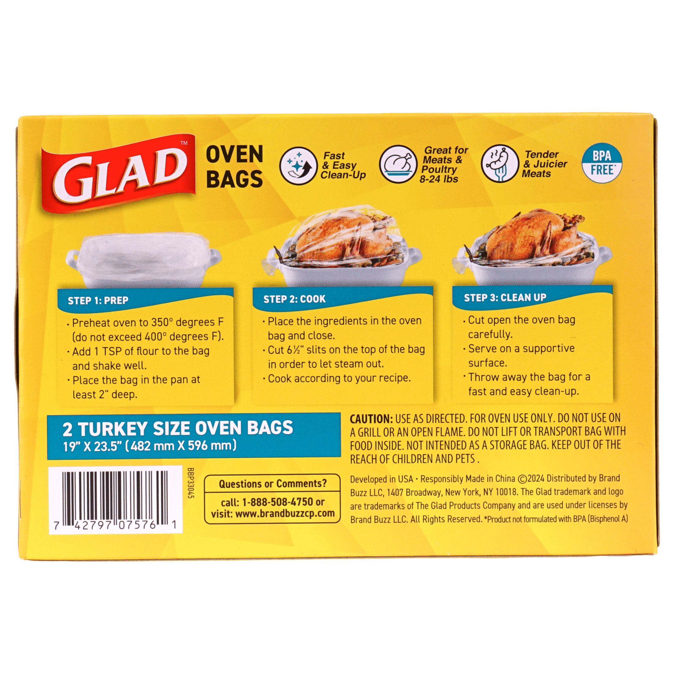 Glad Turkey Size Oven Bags 19 x 23.5 inches, BPA-Free, 2 Count, Fits 8 to 24 lbs