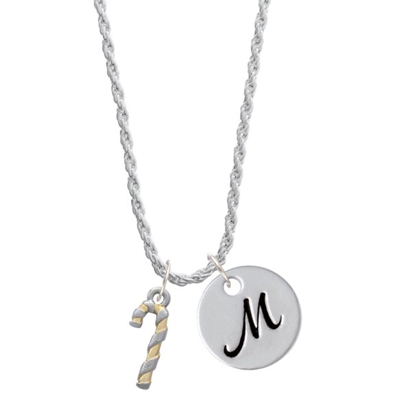 Delight Jewelry Two-tone 3-D Candy Cane Silvertone Script Initial Disc - M - Charm Necklace, 20"+3"