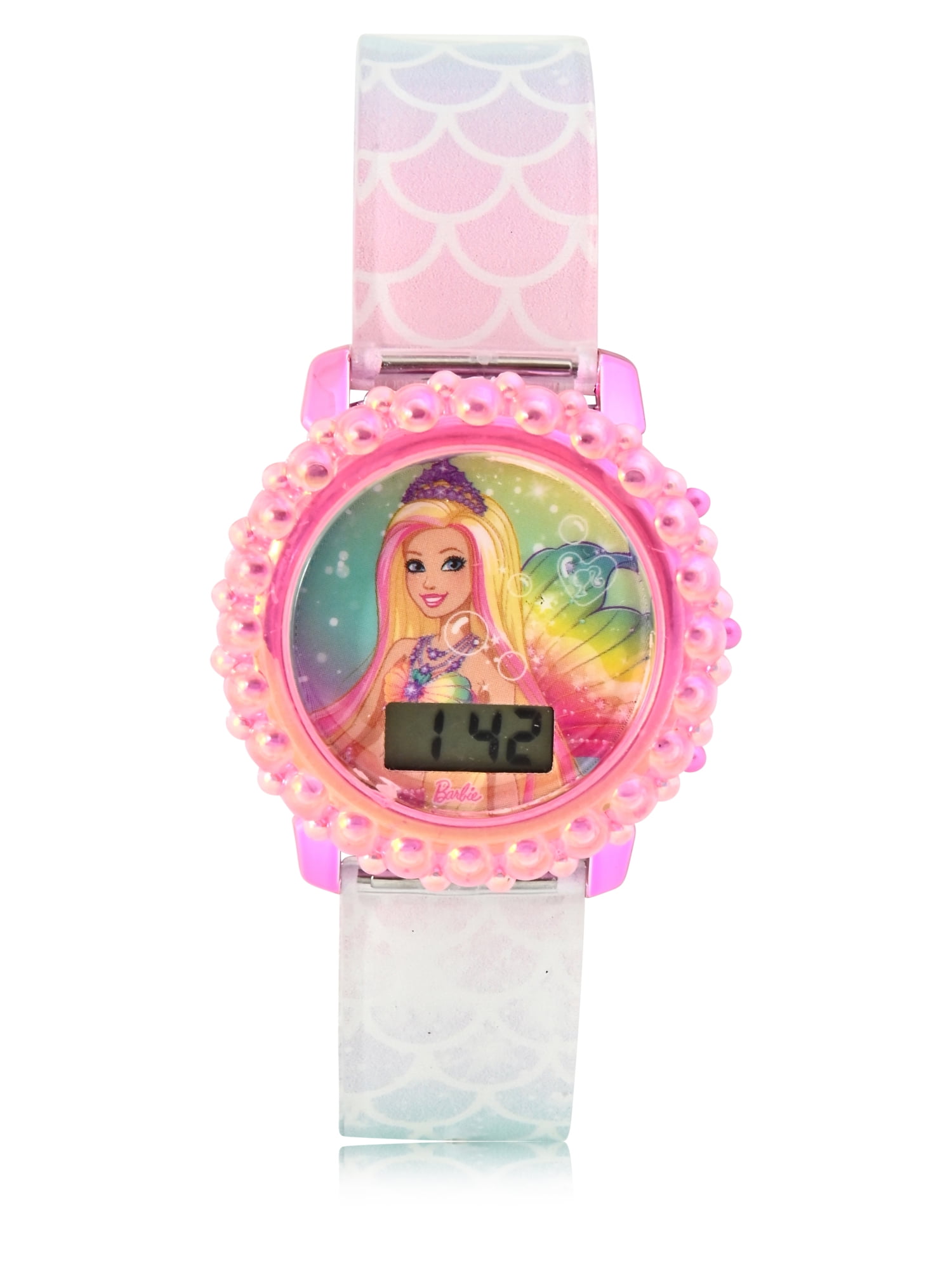 BDT4175WM Barbie Kids Molded Case Flashing Lights LCD Watch with Printed Strap