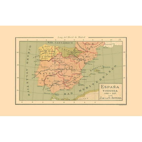 Historic Map - Spain 460 AD to 507 AD - Artero 1879 - Vintage Wall Art