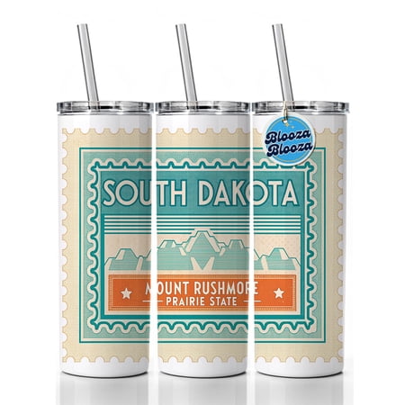 South Dakota SD Mount Rushmore Prairie State Travel Vacation Stamp 20oz Insulated Water Bottle Skinny Tumbler Includes Straw