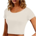 thumbnail image 2 of VSSSJ Crop Tops pour Femmes Manches Courtes Col Rond Extensible Chemise Décontractée Ajustée Solide Confortable Été Basique T-Shirts Courts Beige Taille Unique, 2 of 5