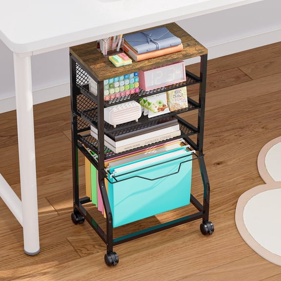 Rolling File Cart with 4 Storage , Mobile File Cabinet with Wheels, Hanging File Organizer, Under Desk Printer Stand Utility Cart Filing Cabinet for Home Office, Black