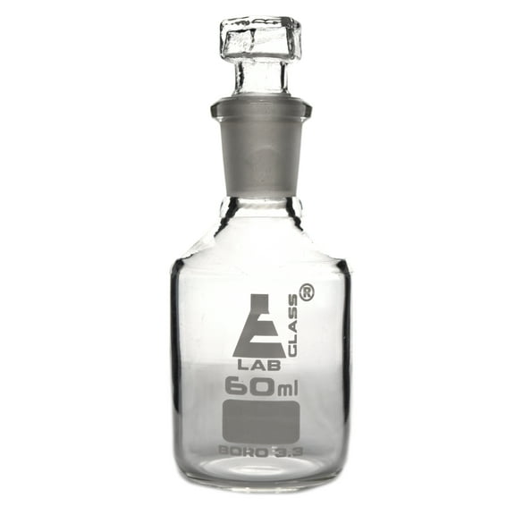 Reagent Bottle, Borosilicate Glass, Narrow Mouth with Interchangeable Hexagonal hollow glass Stopper - 60ml - Eisco Labs