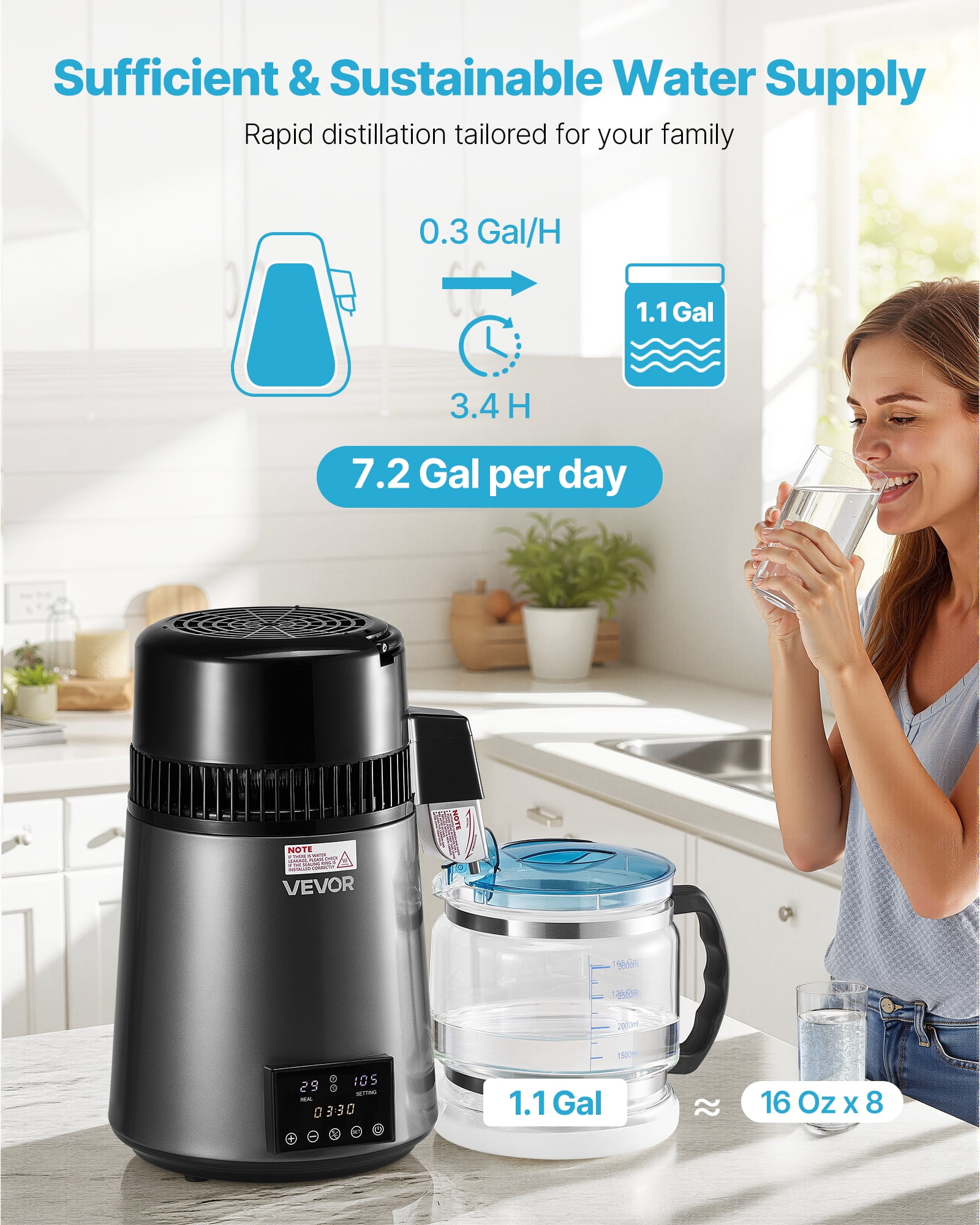 VEVOR Water Distiller, 4L 1.1 Gallon Pure Water Purifier Filter For Home Table Countertop, 750W Distilled Maker with Glass Pot, Stainless Steel Interior Drinking Machine to Make Clean Waters, Grey