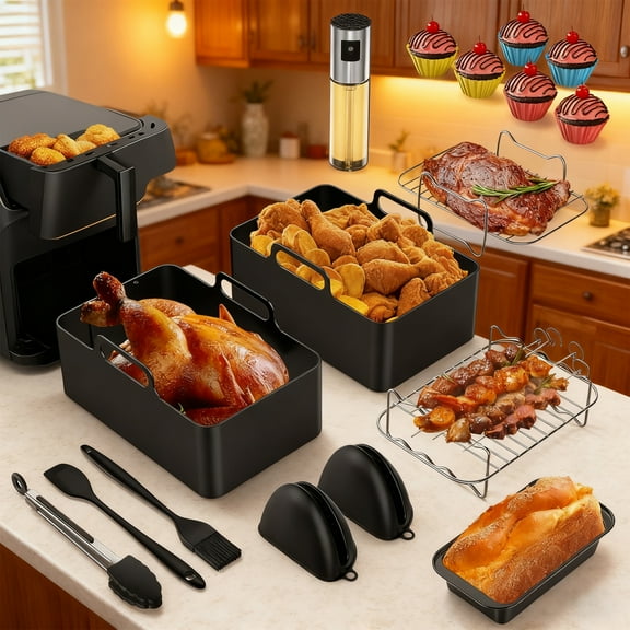 18-Piece Air Fryer Accessories Set | Dual Silicone Inserts for Simultaneous Cooking | 304 Stainless Steel, Dishwasher Safe | Compatible with Ninja, Philips, Princess 7.6L-9.5L Air Fryers