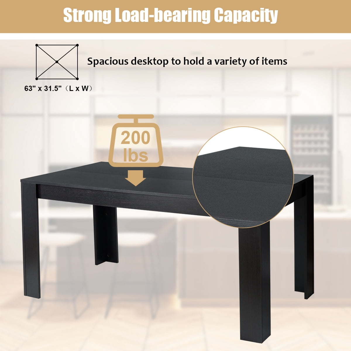 Costway 63" Dining Table Rectangular Modern Kitchen Table For 6 People Home Furniture Black