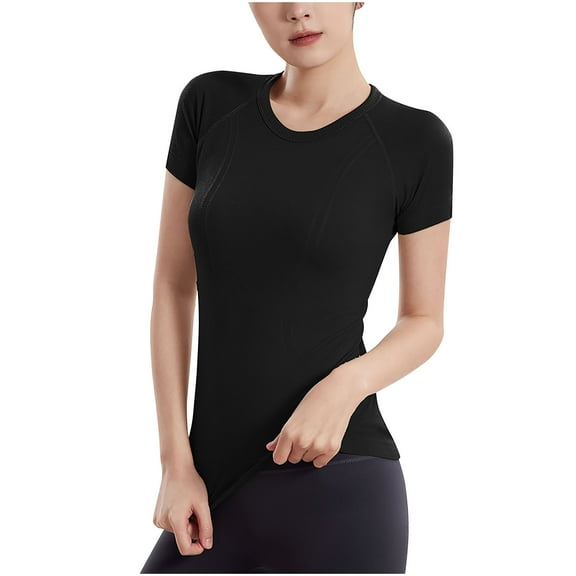ClodeEU Women's Crewneck Short Sleeve T-Shirt,Slim FittedStretchy Bodycon Basic Tee Tops Black,Womens Plus L