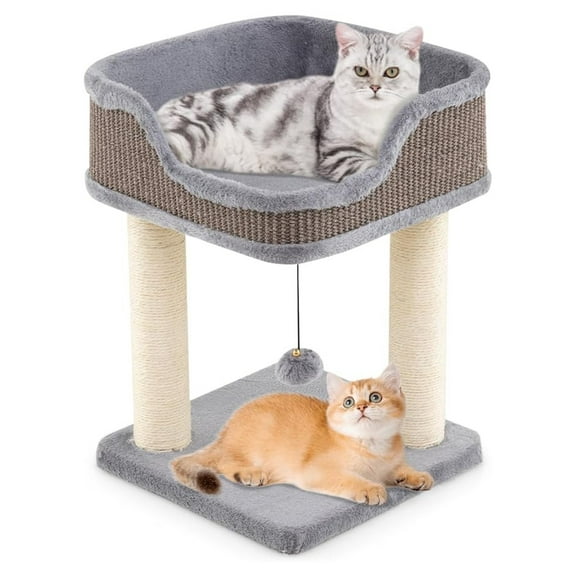 Small for Indoor Cats, Modern Carpeted Cat Tower with Soft Plush Perch, Cat Condo Cat Bed with Scratching Posts, Dangling Ball, Cute Cat Activity Tree for Play Rest (Light Gray)