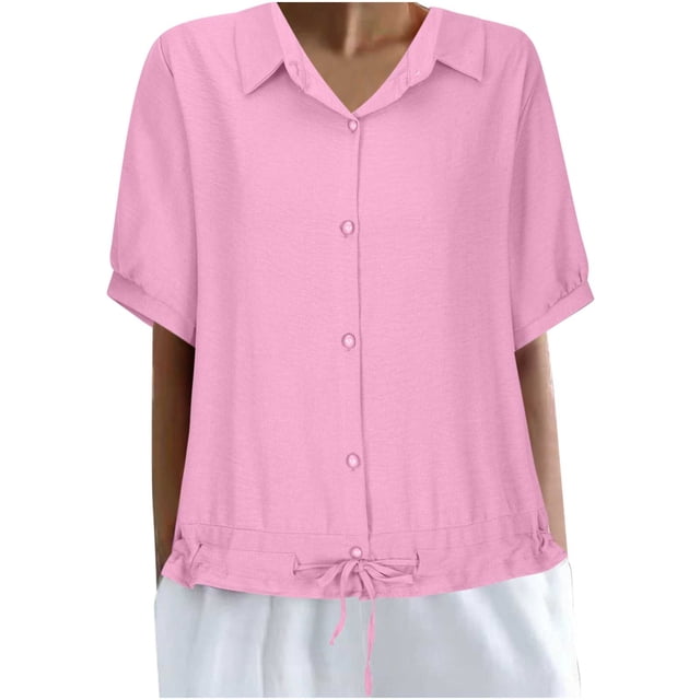 GigrtiJin Womens Button down Lapel Shirt Summer Short Sleeve Loose Casual Work Blouse Lightweight Drawstring Hem Tops