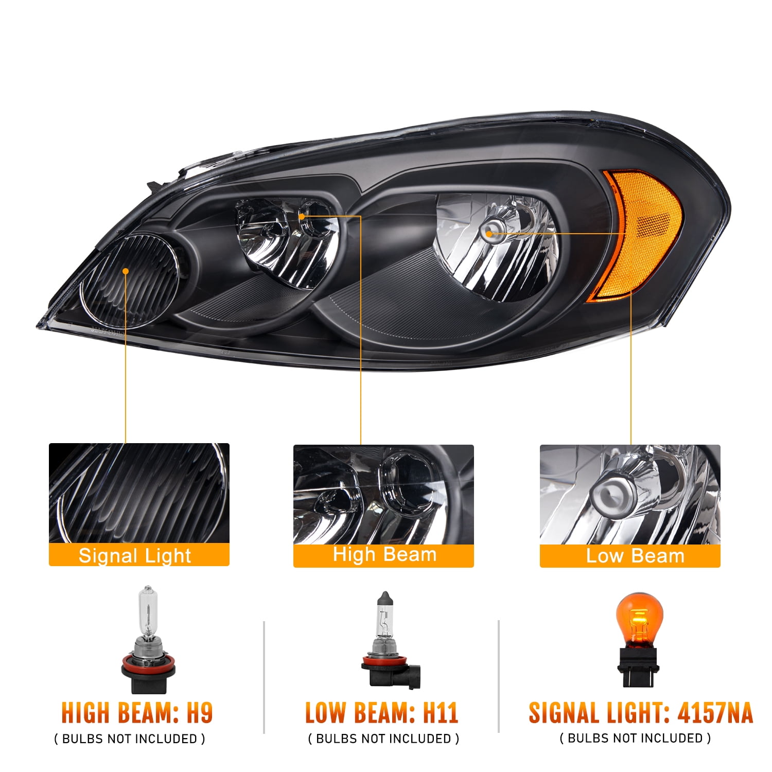 Headlights for 2006-2013 Chevy Impala 2006-2007 Monte Carlo Black Amber Headlamp