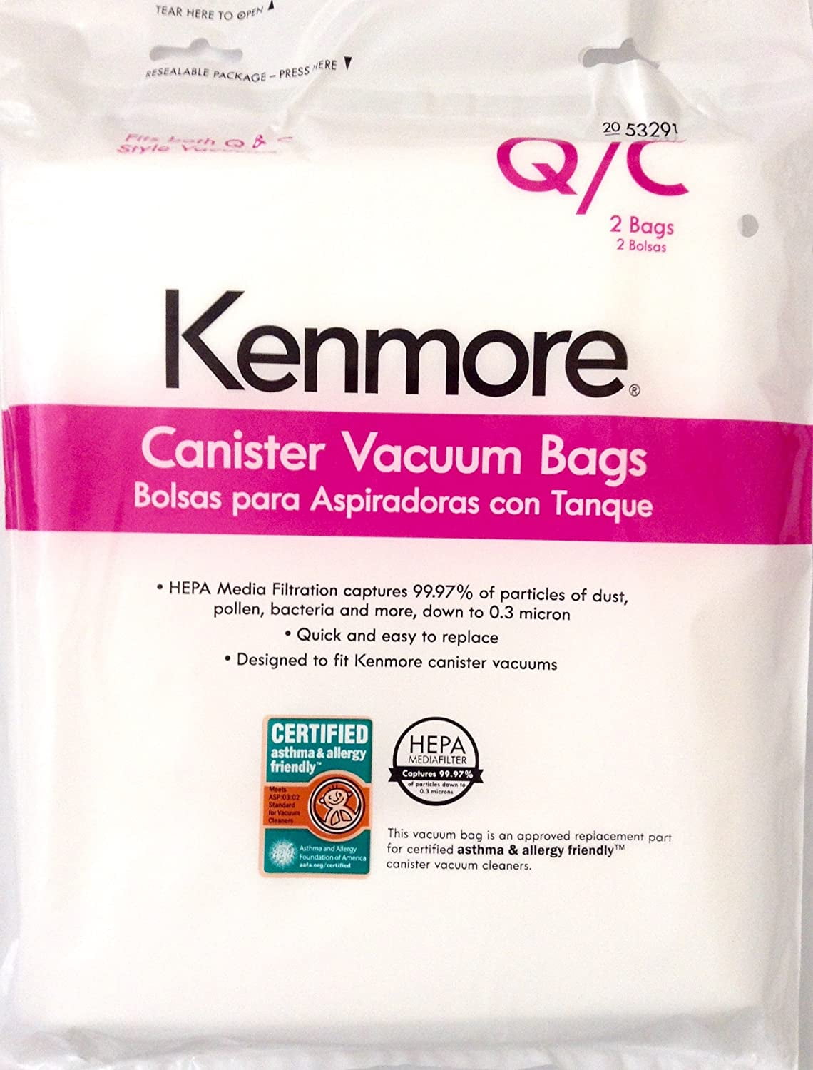 2 Bags Kenmore 53293 Style O HEPA Cloth Vacuum Bags for Upright Vacuum Cleaners 