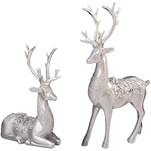 Paquete De 2 Figuras De Reno, Estatua De Reno Navideño, Adorno De Ciervo Sentado De Resina Para Navidad, Hogar, Oficina, Decoración, Plata