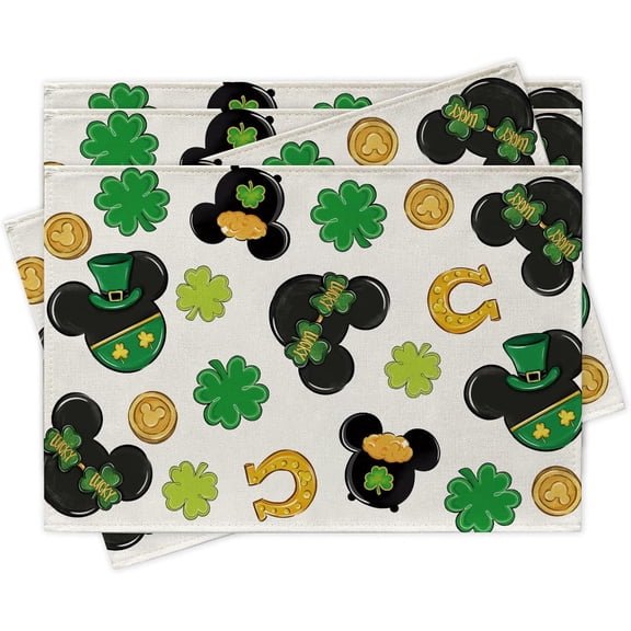 St Patricks Day Placemats Set of 4, Lucky Shamrock Clover Horseshoes Dining Place Mats Table Decor, Irish Spring Gold Coins Home Kitchen Decoration 12 x 18 Inch