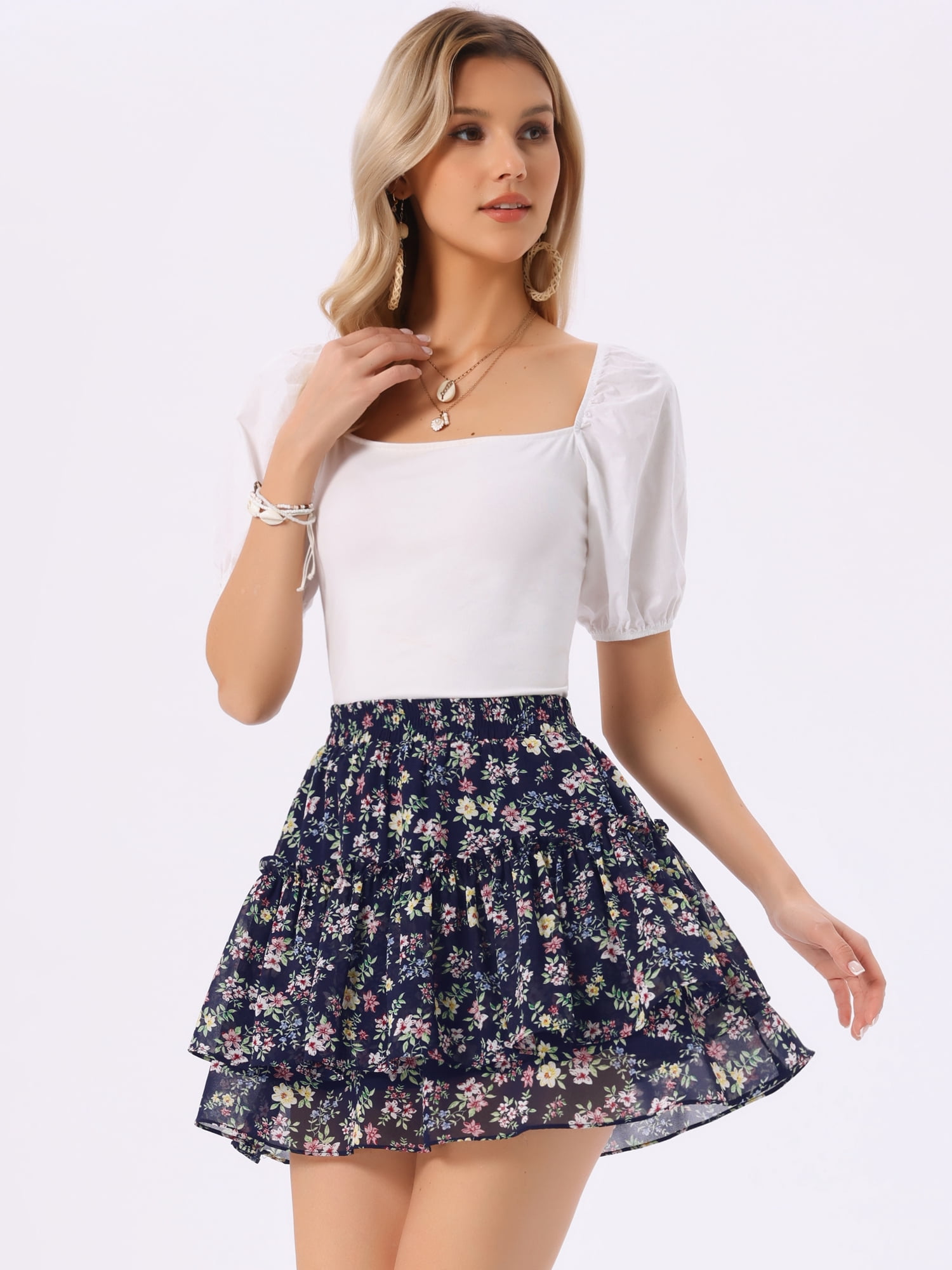 DARING DIVA Women's Floral Tiered Ruffle Print Chiffon A-Line Mini Skirt S Dark Blue Red
