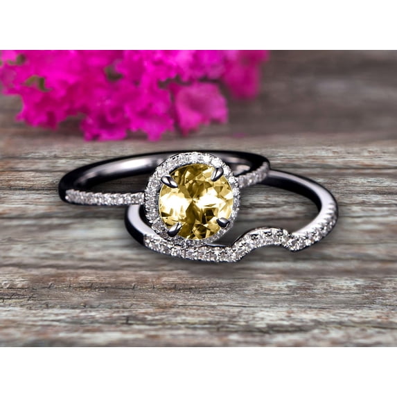 6mm Round Cut 2.25 Carat Champagne Diamond Moissanite Engagement Ring Set With Curved Matching Band 10k White Gold Bridal Ring Set