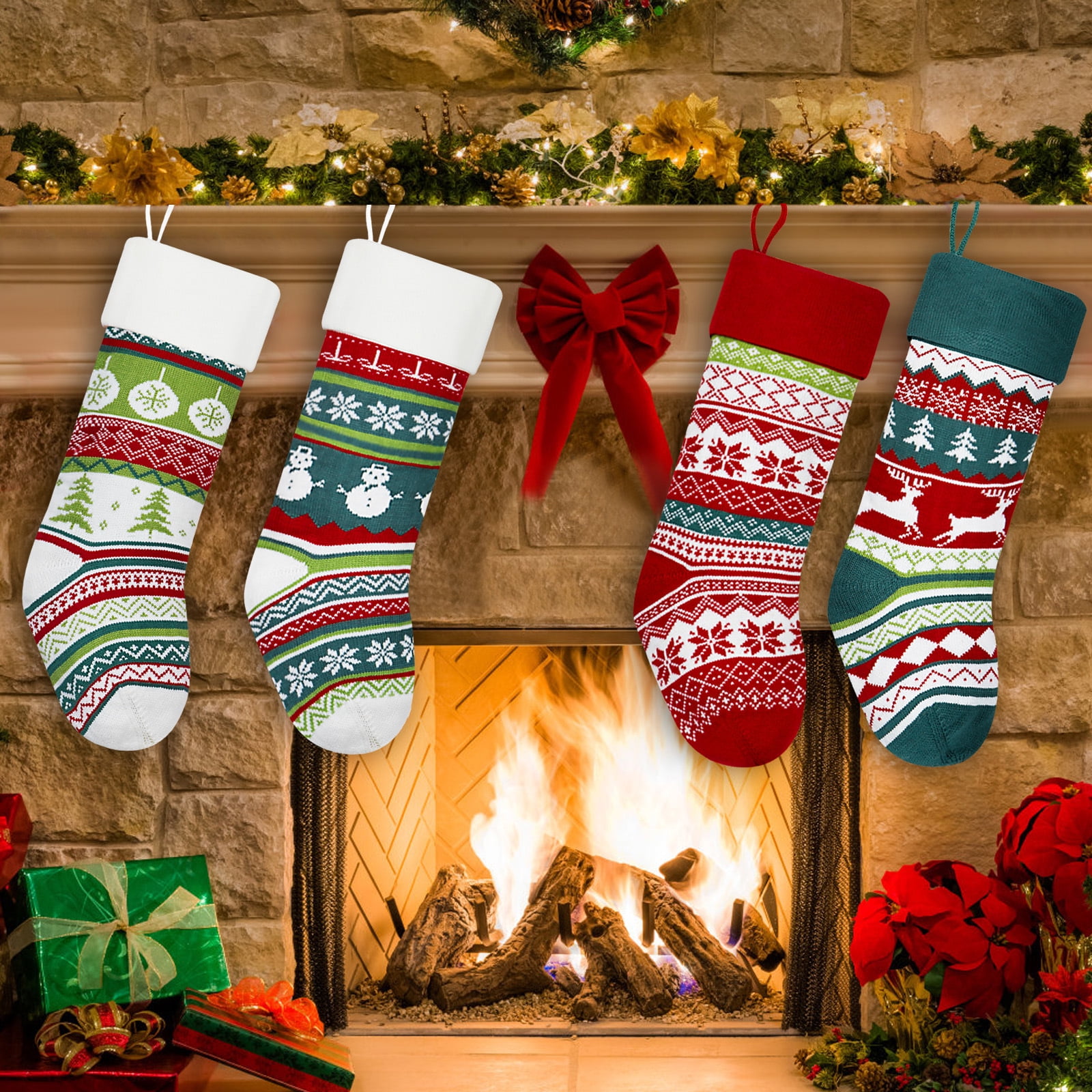 Dalrosia Knit Christmas Stockings,4PCS Snowflake Reindeer Snowman Personalized Cable Knit Stockings for Christmas Candy Gifts Decor