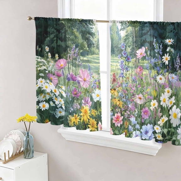 Colorful Floral Spring Sheer Curtains 54 Inch Length 2 Panels Set Window Treatments, Daisy Green Forest Pastoral Rod Pocket Semi Curtains for Living Room/Bedroom/Kitchen Décor, 104"W x 54"L