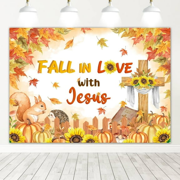 Fall in Love with Jesus Backdrop Sunflower Pumpkin Christian Photography Background Fall Faith Religious Baby Shower Party Decorations Banner Supplies Photo Booth Props