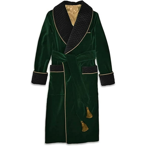 Smoking Jacket Green Long Velvet Gown for Men English Vintage Gentleman Belted Robes