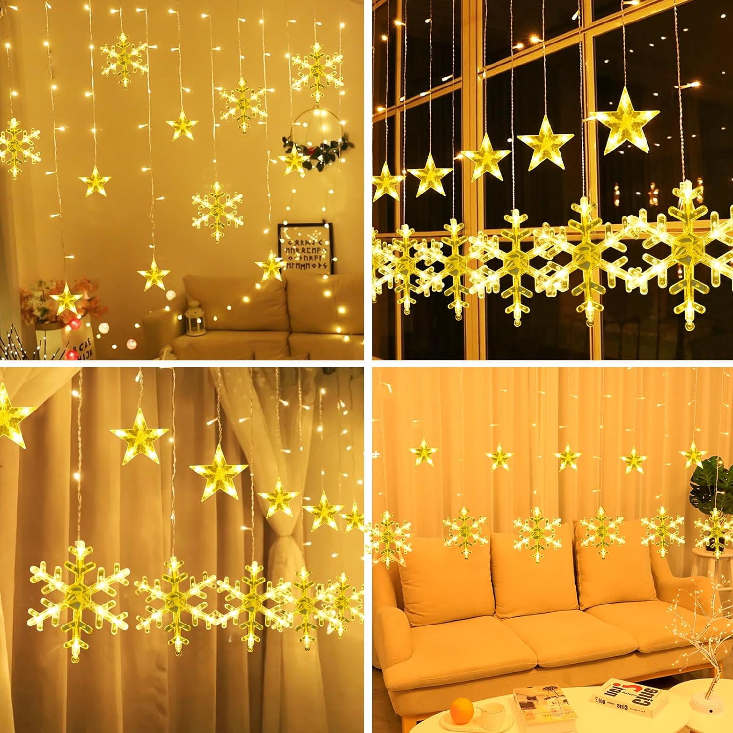 Qoosea Curtain String Lights, 126 LED Snowflake Star Waterproof Curtain Fairy Lights, Battery Operated Christmas Decorations for Window Wall Bedroom