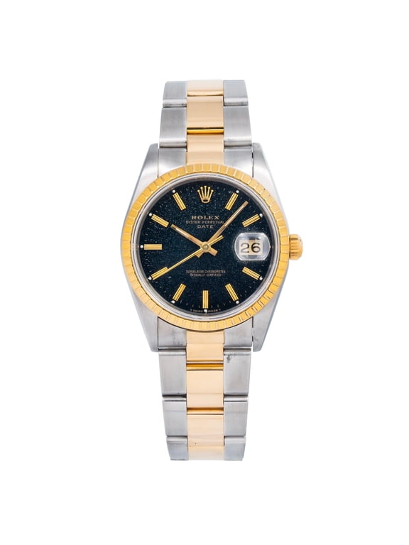 Pre-Owned Rolex Date 34MM 15053 Black Dial Engine Turned Bezel Two Tone Yellow Gold Oyster Bracelet