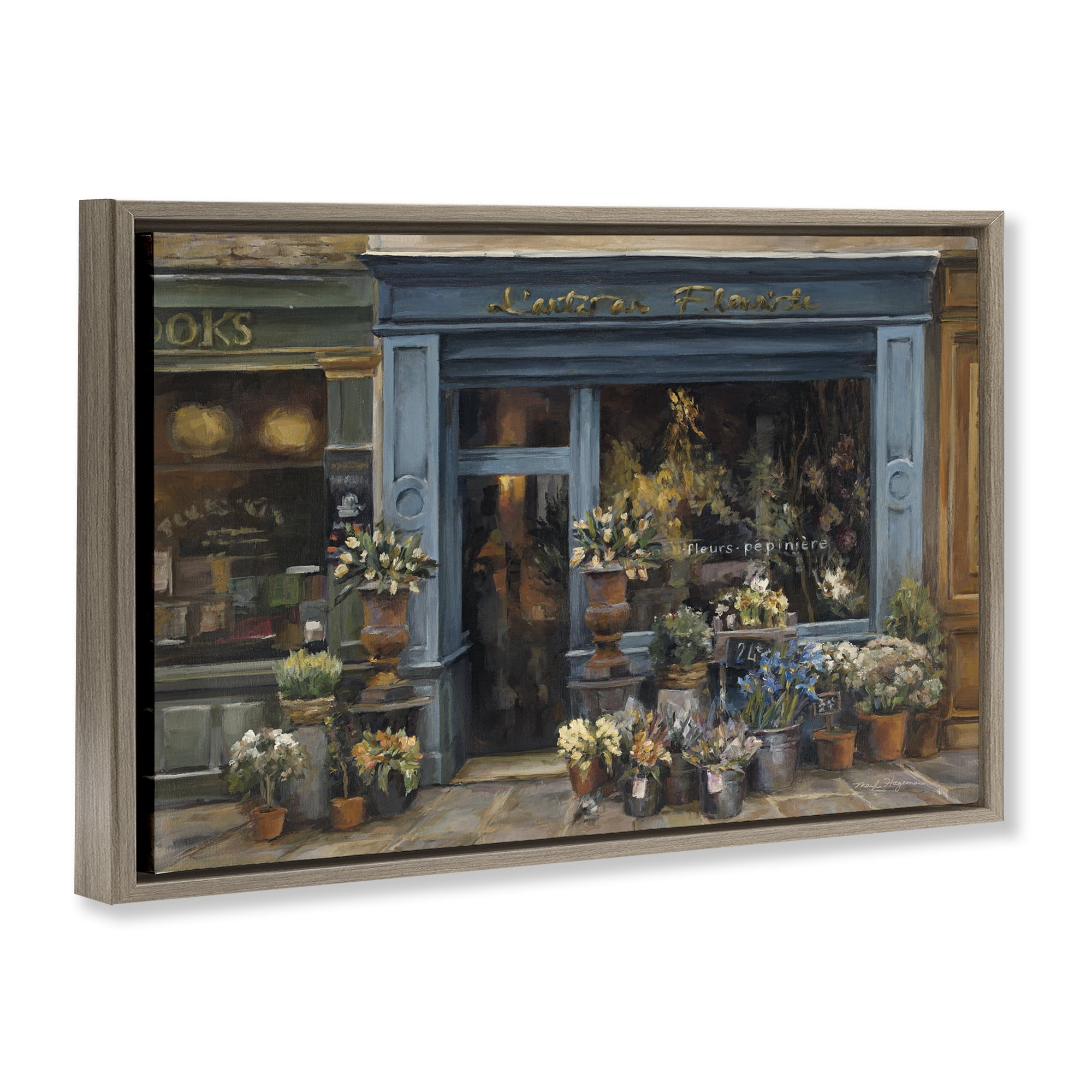 Stupell Industries Florist Shopfront in Town Buildings & Architecture Painting Brown Floater Framed Canvas Art Print Wall Art, 31 x 21