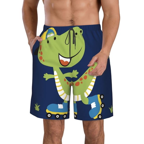 Balery Dino Playing Roller Skate Traje de Baño Estilo Hawaiano para Hombre, Shorts de Secado Rápido con Bolsillos-Small