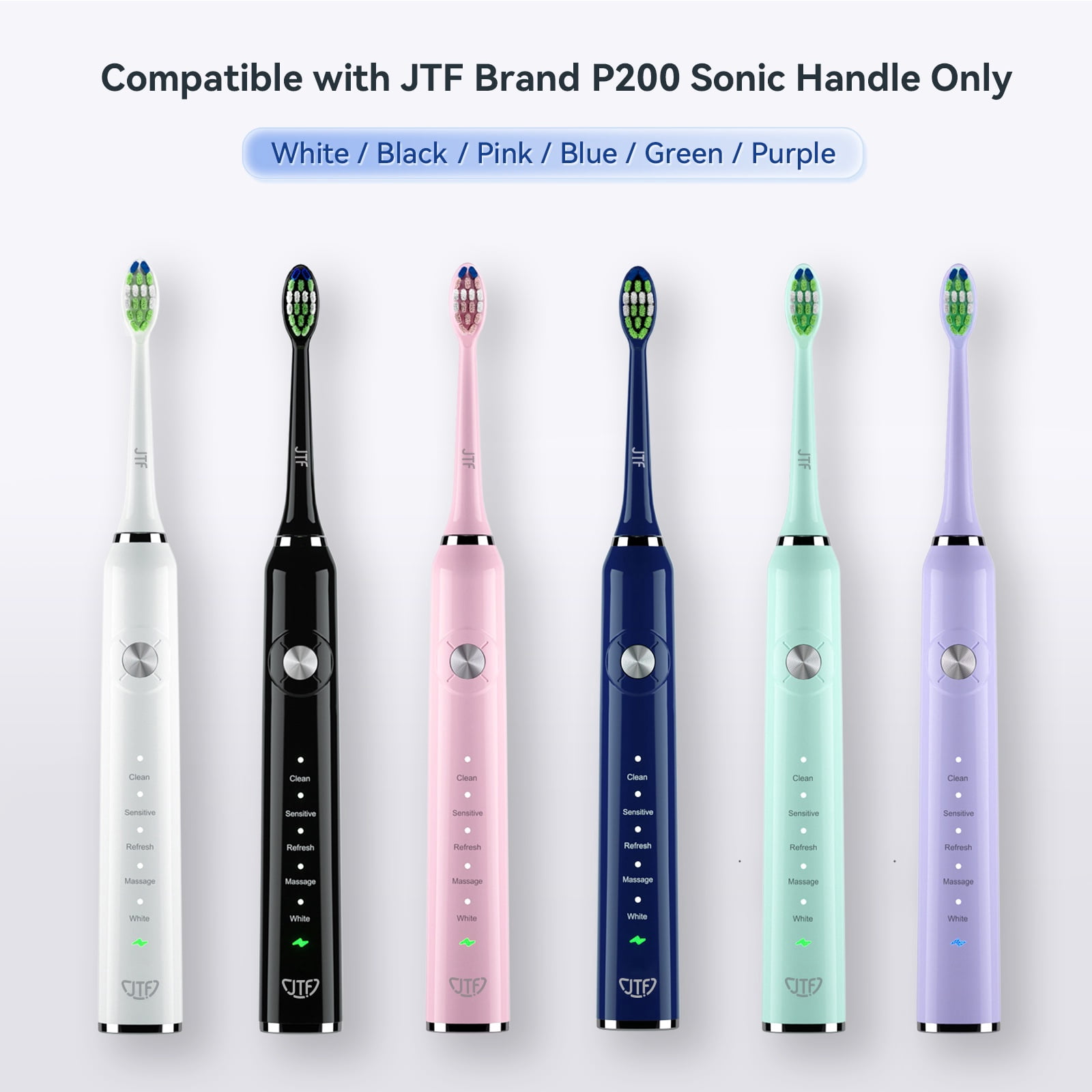 JTF P200 Sonic Smart Toothbrush Genuine Standard Brush Heads, 3 Black & 3 Green