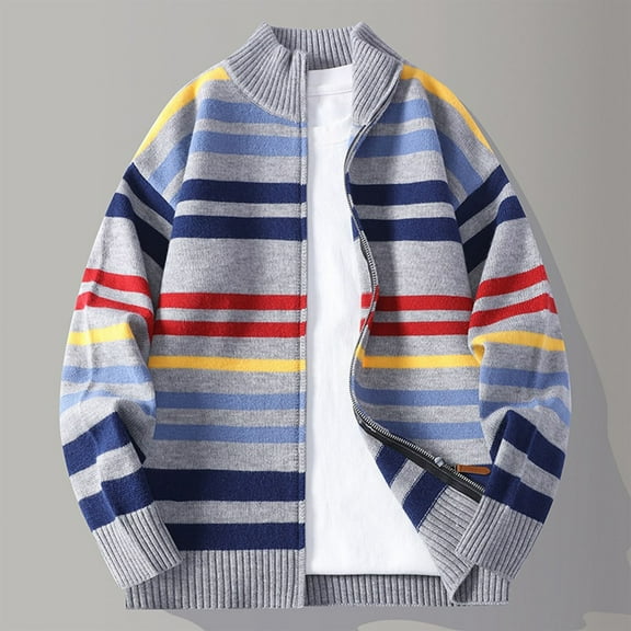 gbyLJF Knitted Stand Up Collar Cardigan for Men Striped Printed Zip Up Sweater Jackets Winter Casual Loose Long Sleeve Outwear Coats
