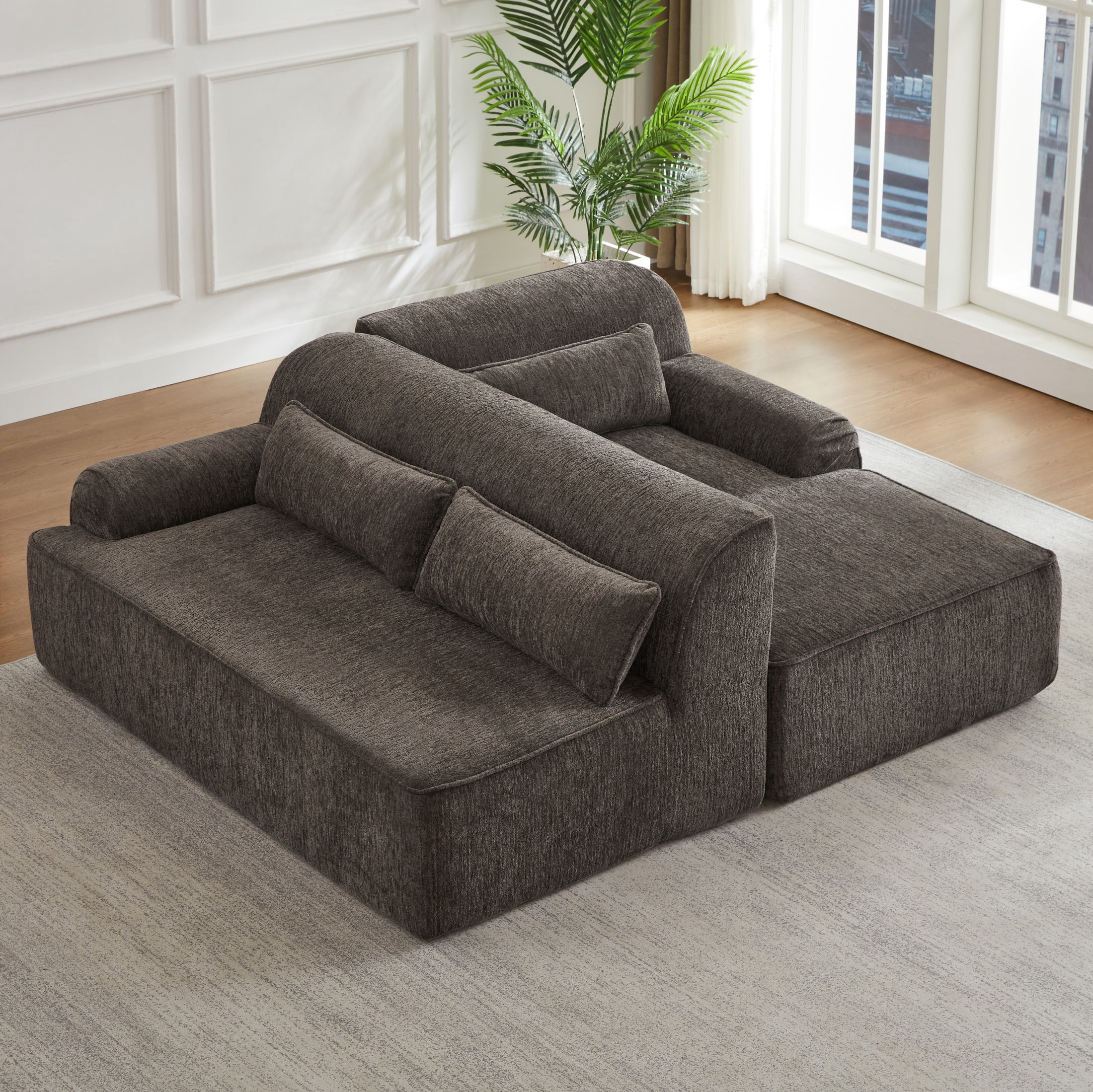 Aukfa 2-Piece Modular Chenille Sectional Sofa, 26.5" Deep Seat, No Assembly, Right Chaise, Brown