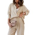 thumbnail image 4 of Women Pleated 2 Piece Outfit Loungewear Pants Set Long Sleeve Button Down Blouse Shirt Palazzo Pants Suit Streetwear, 4 of 5