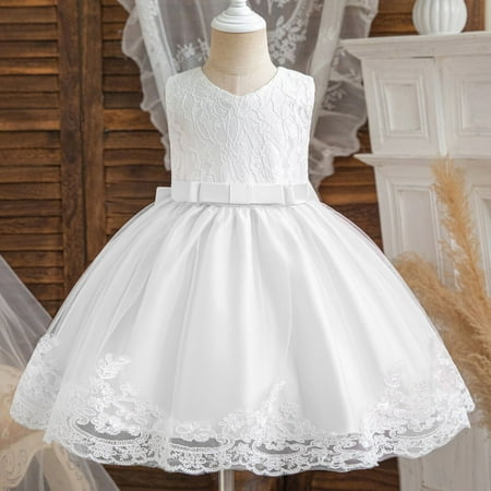

pstuiky Girl Dress Girls Summer New Sleeveless Ruffled Lace Round-Neck Embroidery Mesh Princess Bow Skirt Sun Dresses Casual Dresse Up to 50% Off Size